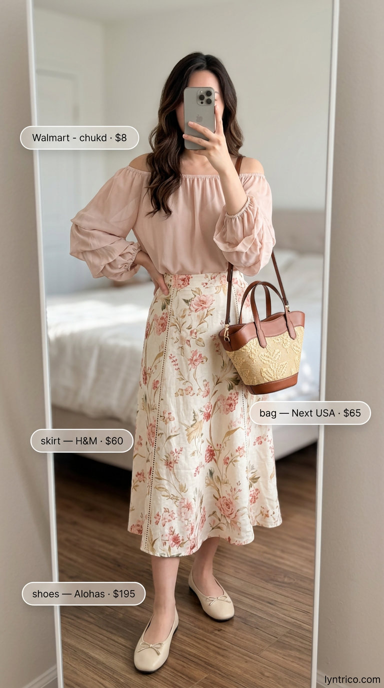 Flowy summer off-shoulder outfits 2026: Blush pink floral skirt, cream off-shoulder top, ballet flats for a garden party.
