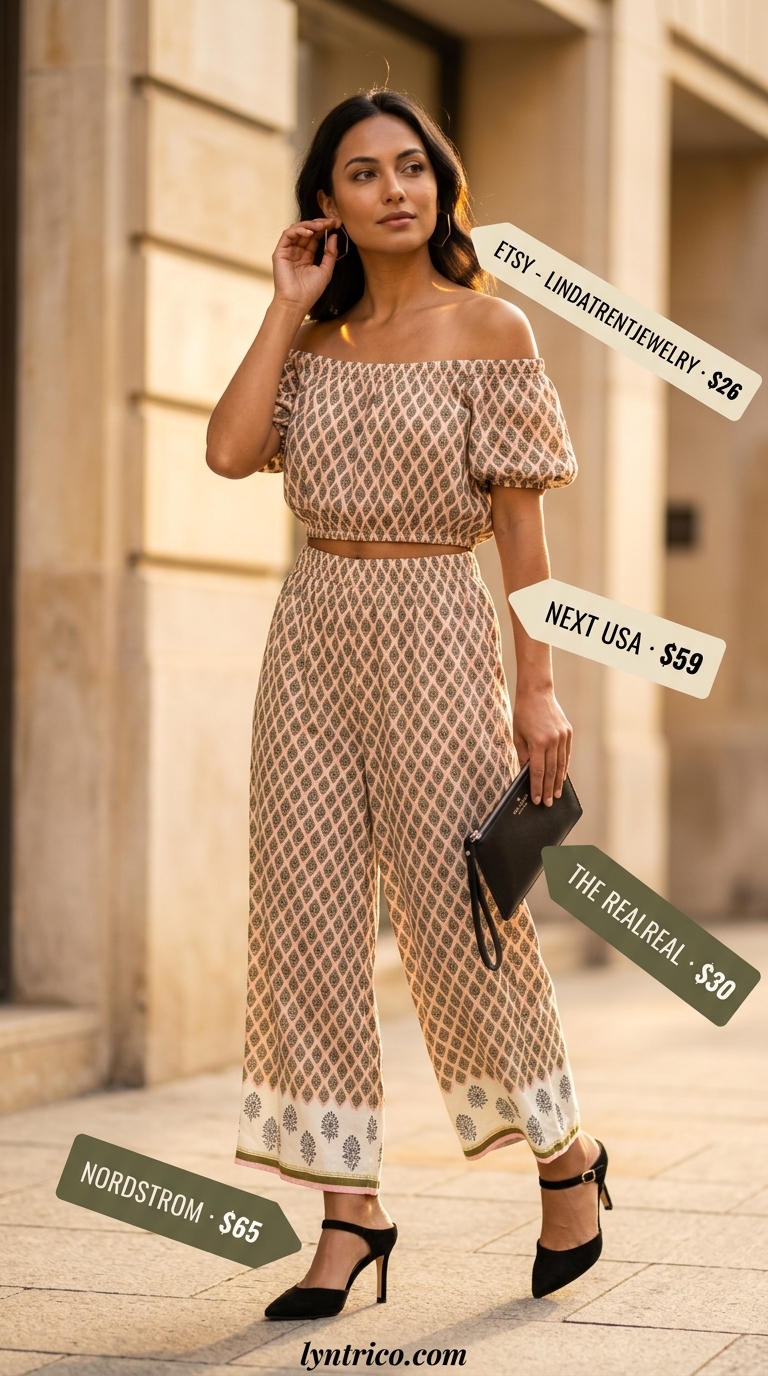 Chic olive green flowy summer off-shoulder jumpsuit, heeled mules, clutch bag, gold earrings 2026.