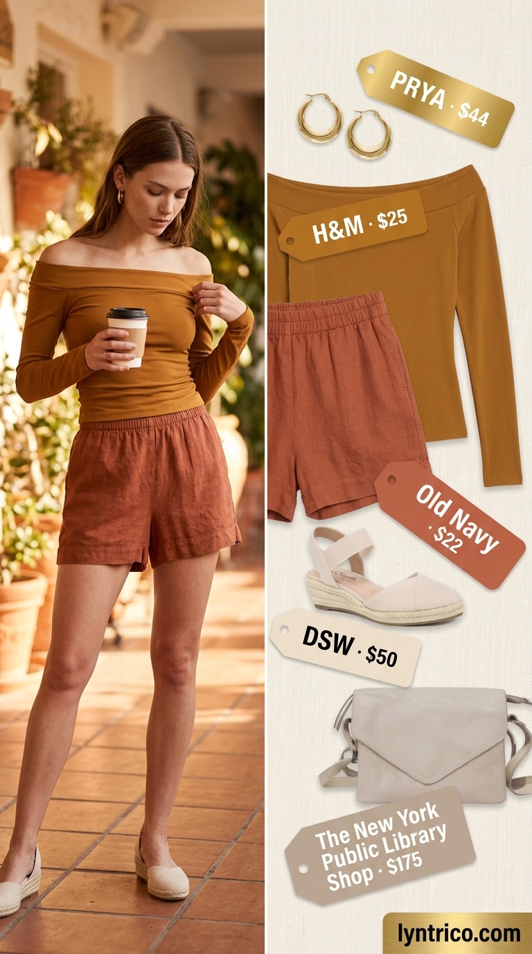 Terracotta linen set: flowy summer off-shoulder top and shorts, heeled espadrilles, crossbody bag 2026.