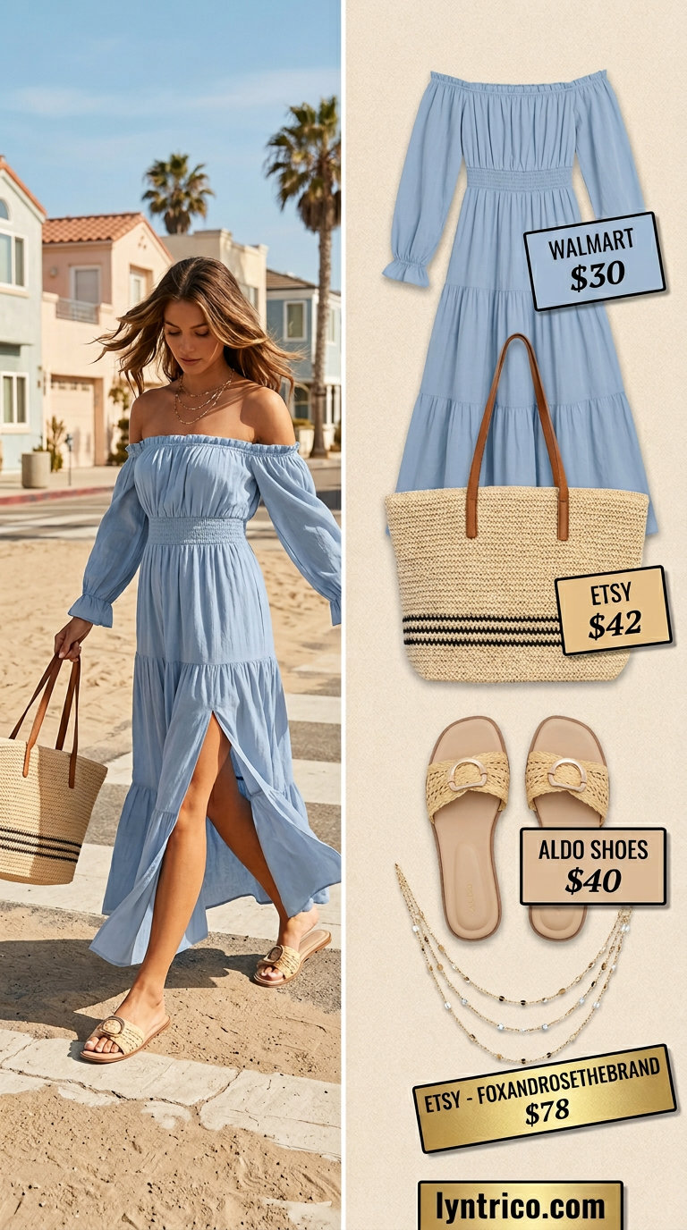 Coastal breeze maxi dress: sky blue flowy summer off-shoulder dress, straw tote, slide sandals 2026.
