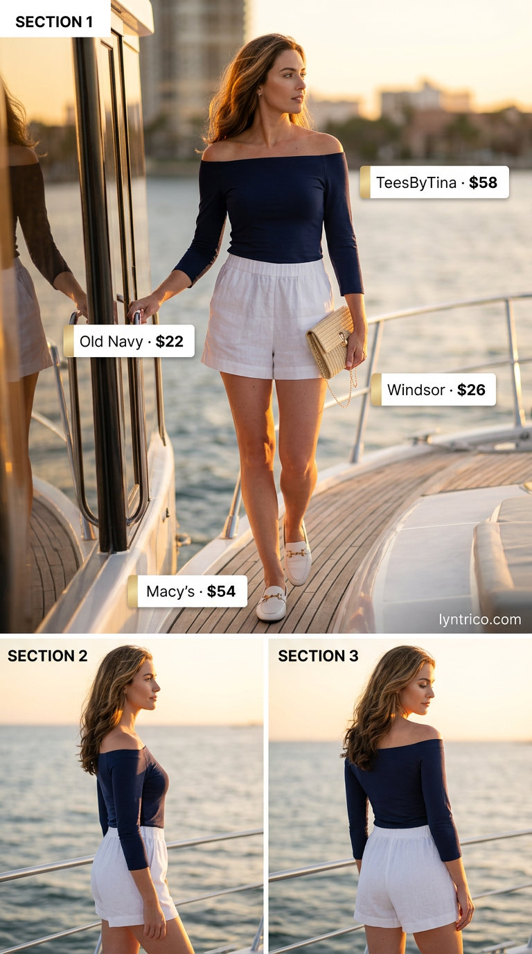 Nautical flowy summer off-shoulder outfits 2026: Navy off-shoulder top, white linen shorts, loafers for a cruise.