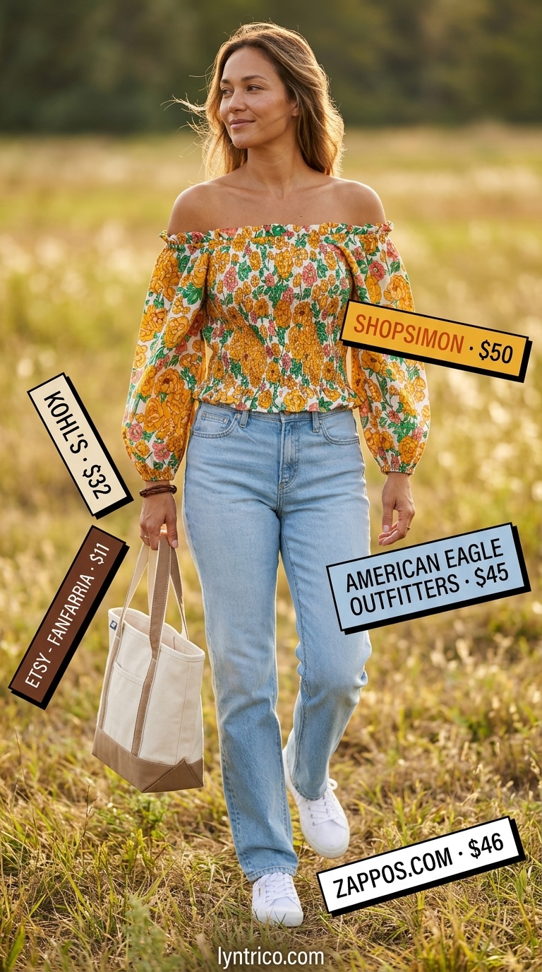 Pastel picnic outfit: flowy summer off-shoulder blouse, denim jeans, canvas sneakers, tote bag 2026.