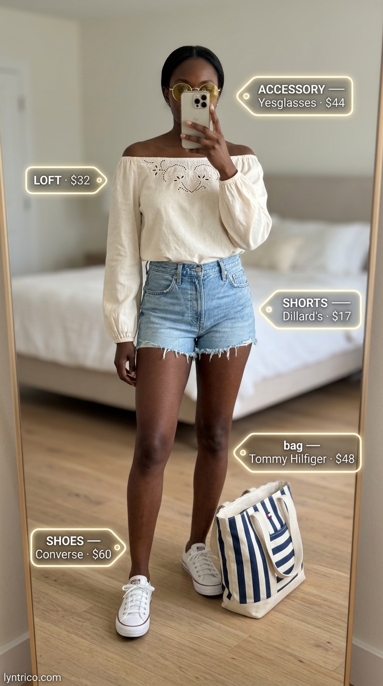 Flowy summer off-shoulder outfits 2026: White peasant blouse with denim shorts for a picnic.