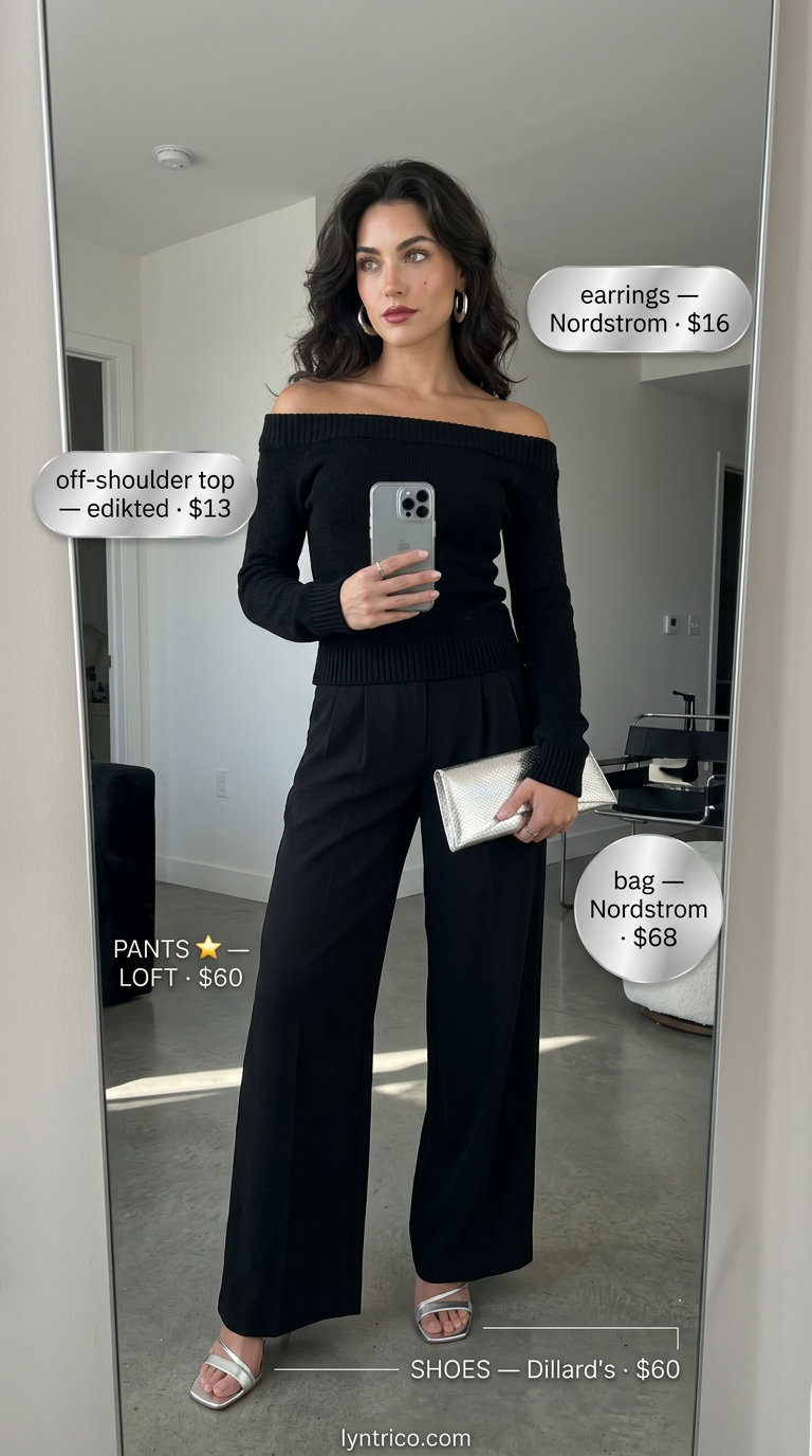 Flowy summer off-shoulder outfits 2026: Black crop top with flowy palazzo pants for rooftop.