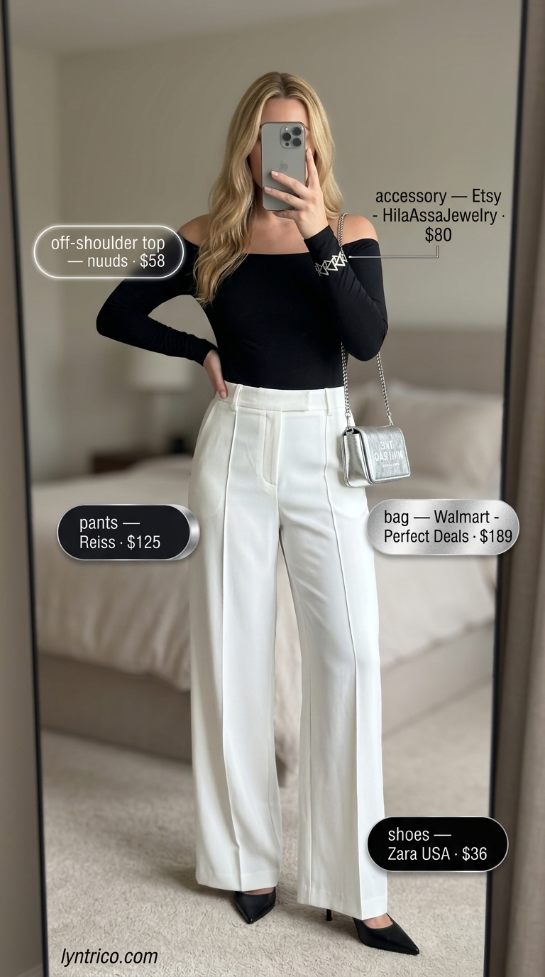 Flowy summer off-shoulder outfits 2026: Black off-shoulder bodysuit with white wide-leg trousers for city evening.