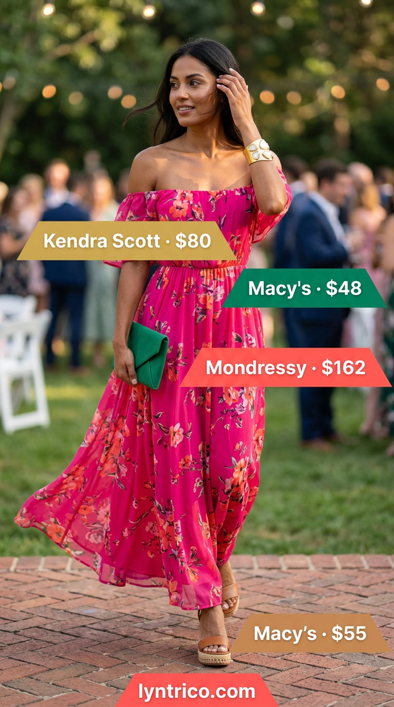 Vibrant flowy summer off-shoulder outfits 2026: Coral fuchsia floral maxi dress, wedge espadrilles for a vacation evening.