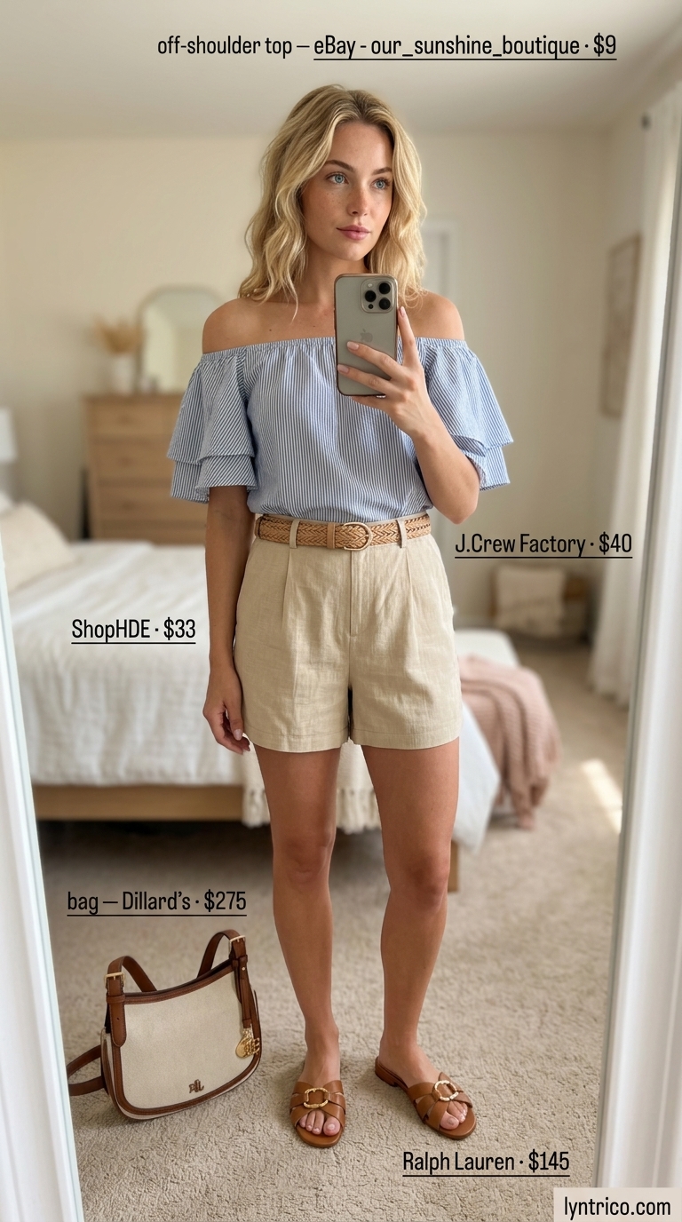 Flowy summer off-shoulder outfits 2026: Light blue blouse with linen shorts for getaway.