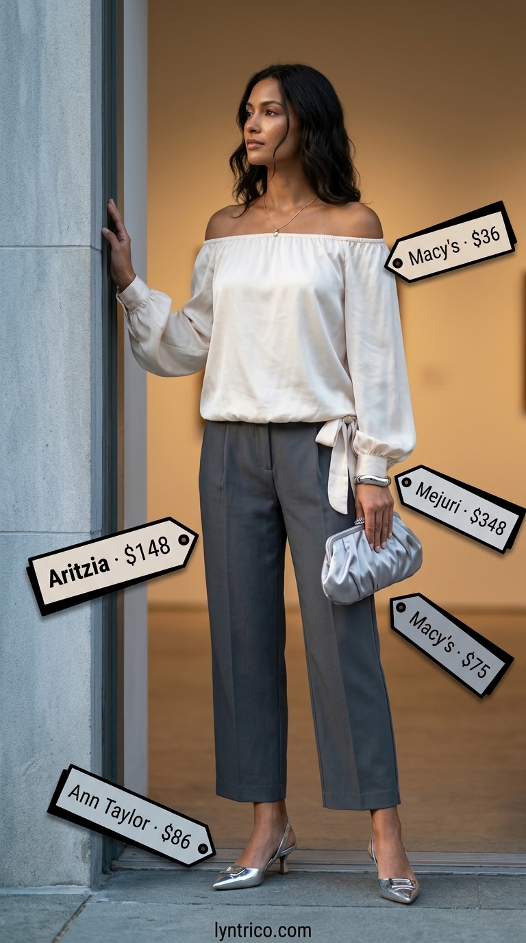 Gallery Opening Summer Style 2026 Gallery opening outfit inspo summer for women 2026: Grey trousers, cream blouse, silver heels, clutch.