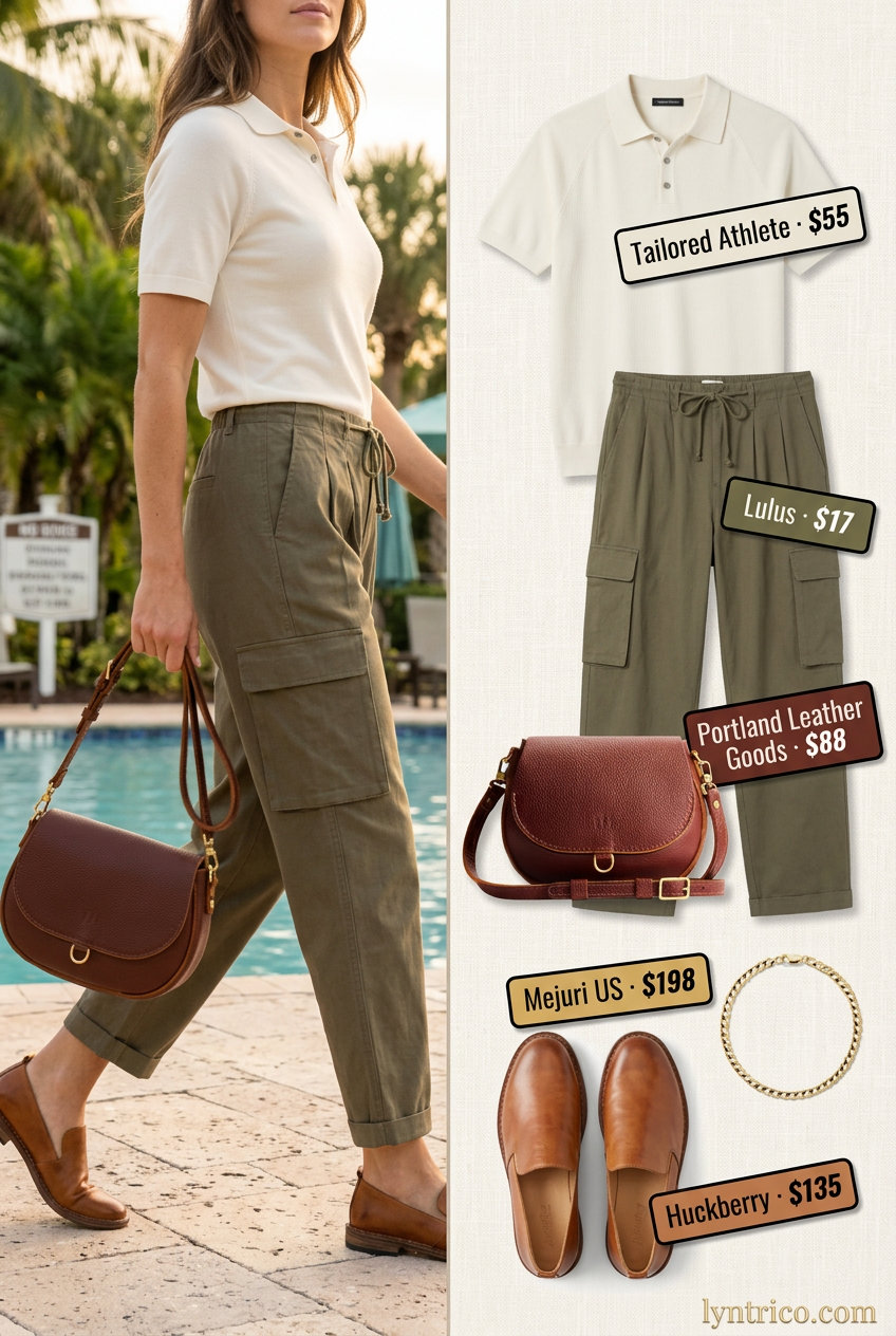 Hamptons summer old money outfit women 2026: Olive green cargo pants, cream knit polo, tan loafers, gold jewelry.