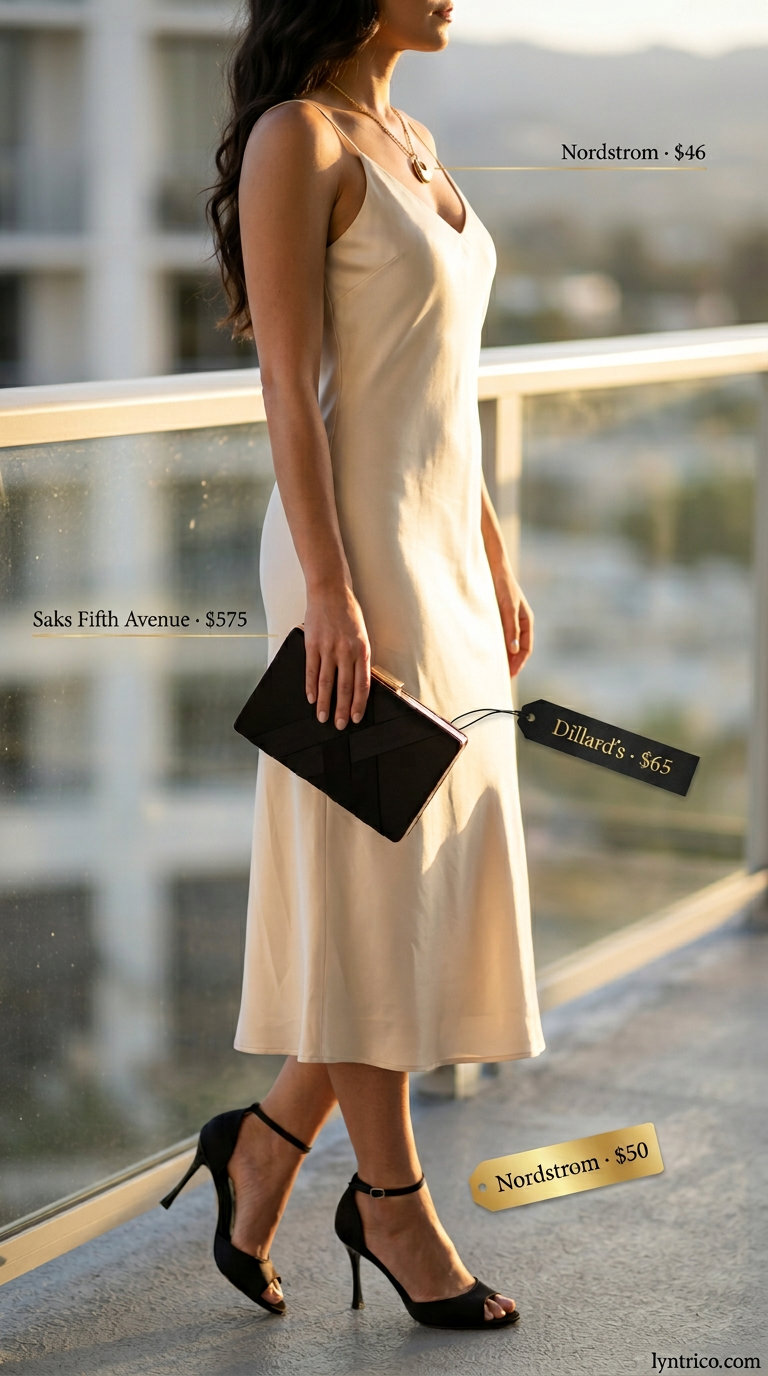 Hamptons summer old money outfit 2026: Champagne satin slip dress, black sandals, gold necklace for evening events.