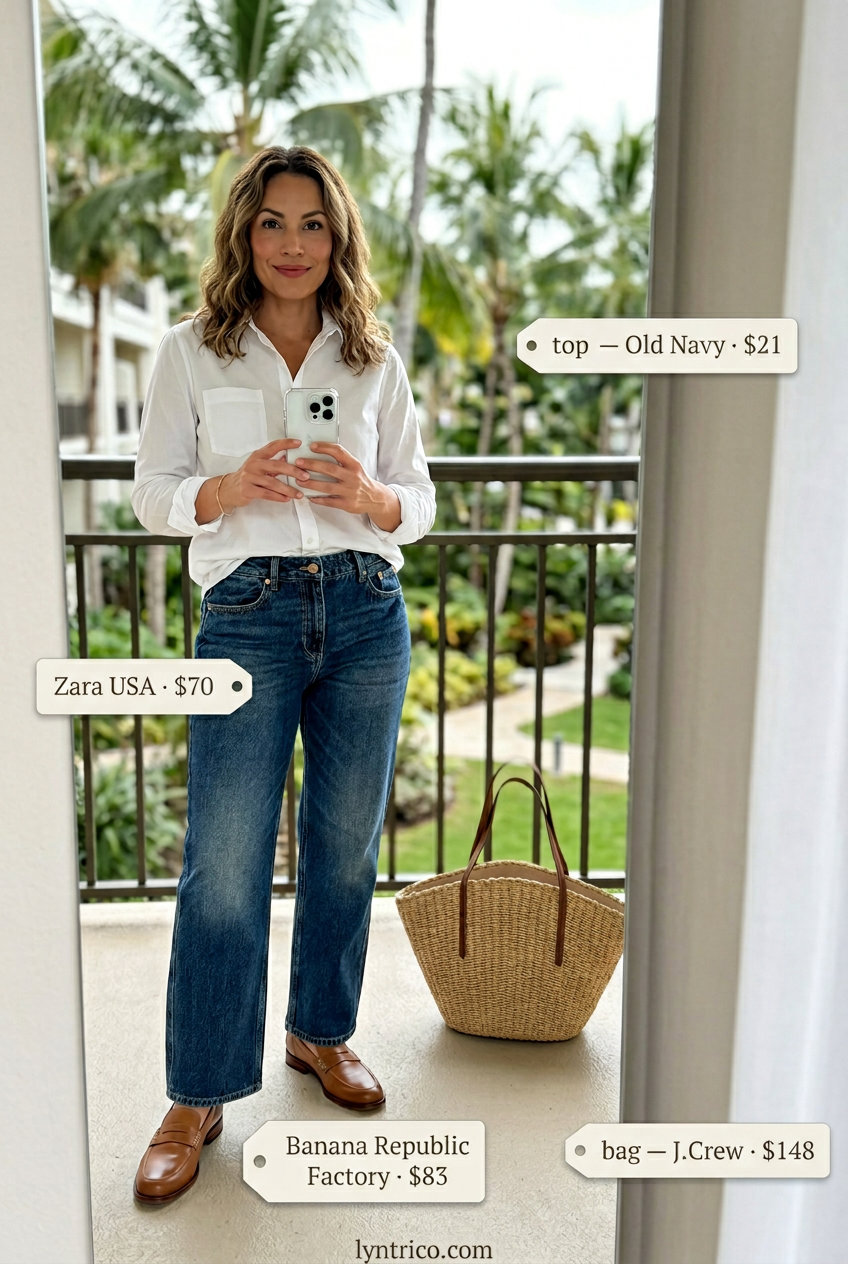 Hamptons summer old money outfit women 2026: Denim jeans, white shirt, loafers & straw tote.