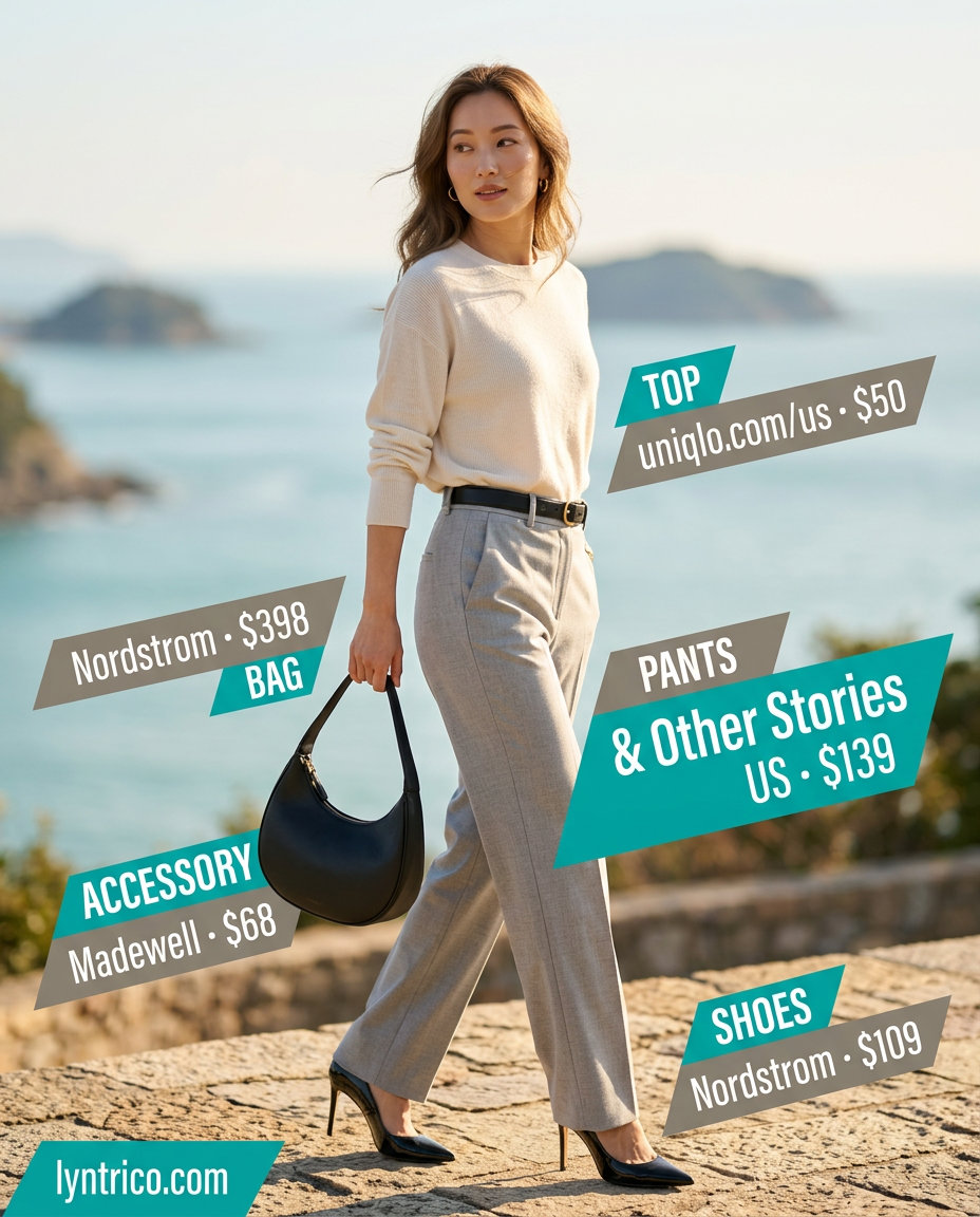 Hamptons summer old money outfit 2026: Light grey tailored trousers, cream sweater, black pumps for smart casual.