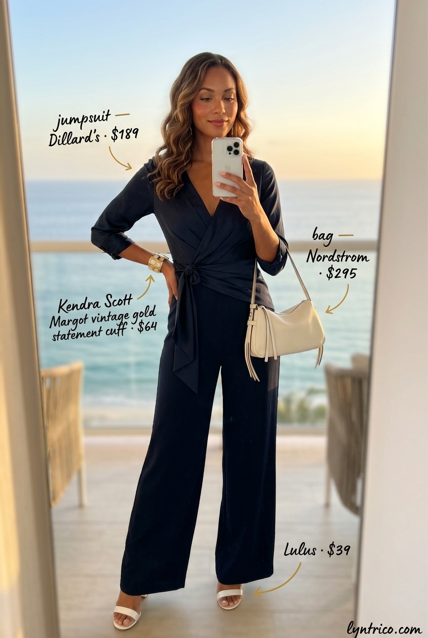 Hamptons summer old money outfit women 2026: Navy wide-leg jumpsuit, cream sandals & gold cuff.