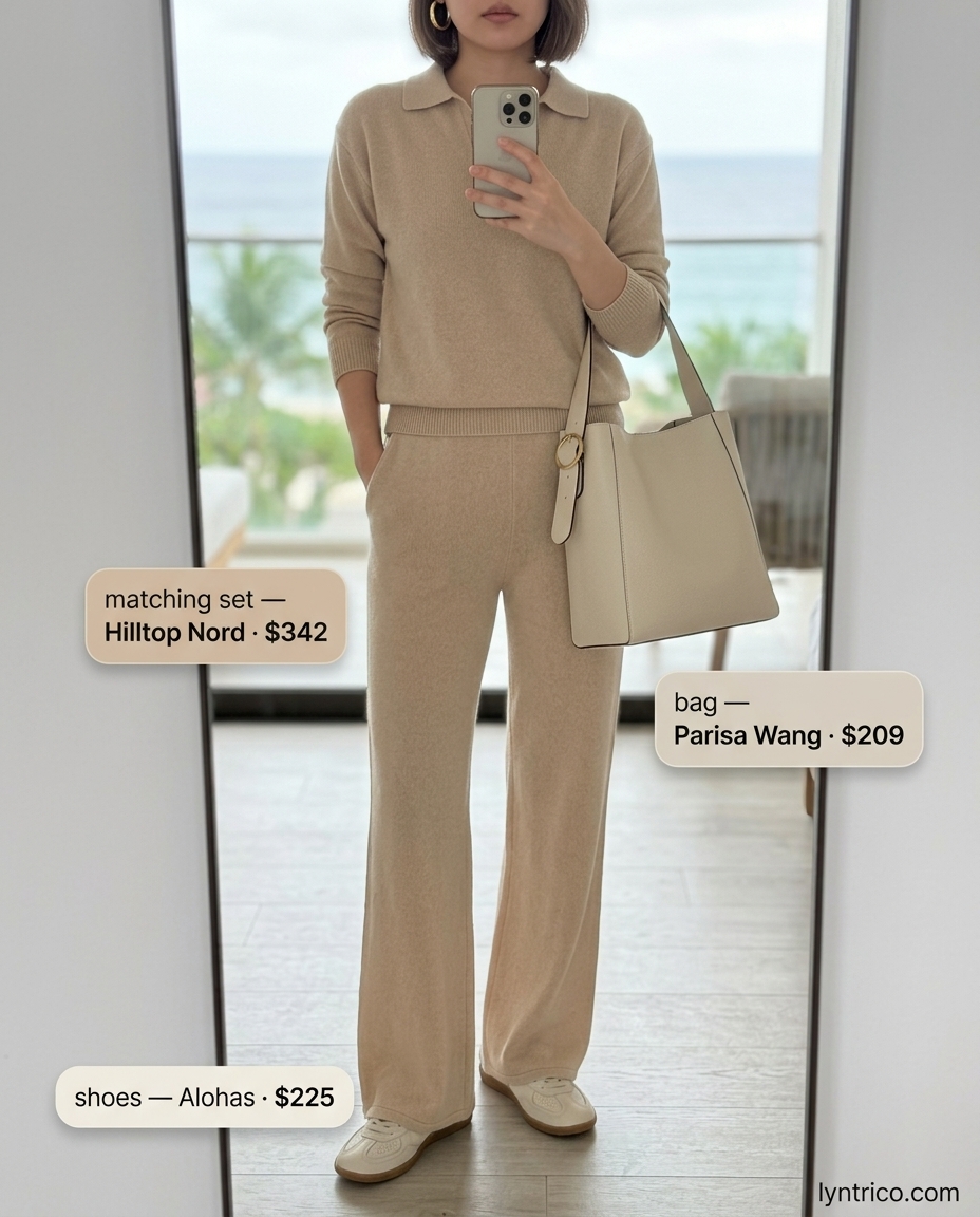 Hamptons summer old money outfit women 2026: Beige knit set, cream sneakers, leather tote, gold hoop earrings.