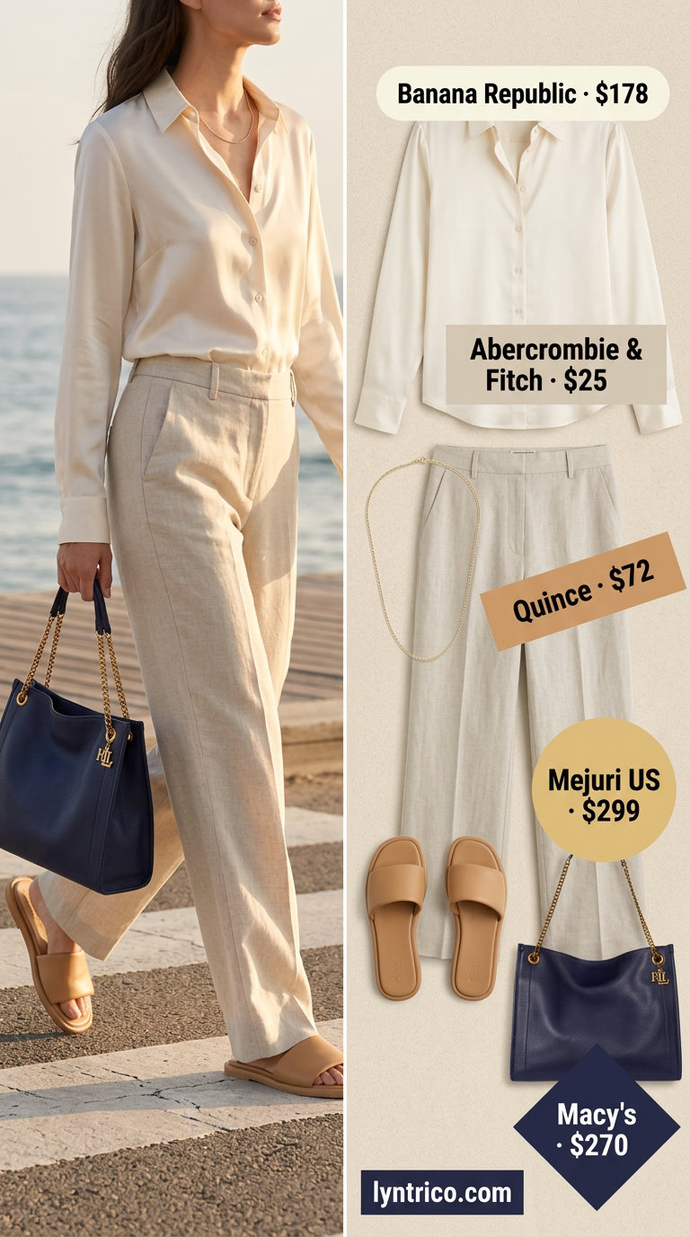 Hamptons summer old money outfit 2026: Beige linen pants, ivory silk blouse, gold necklace for brunch.