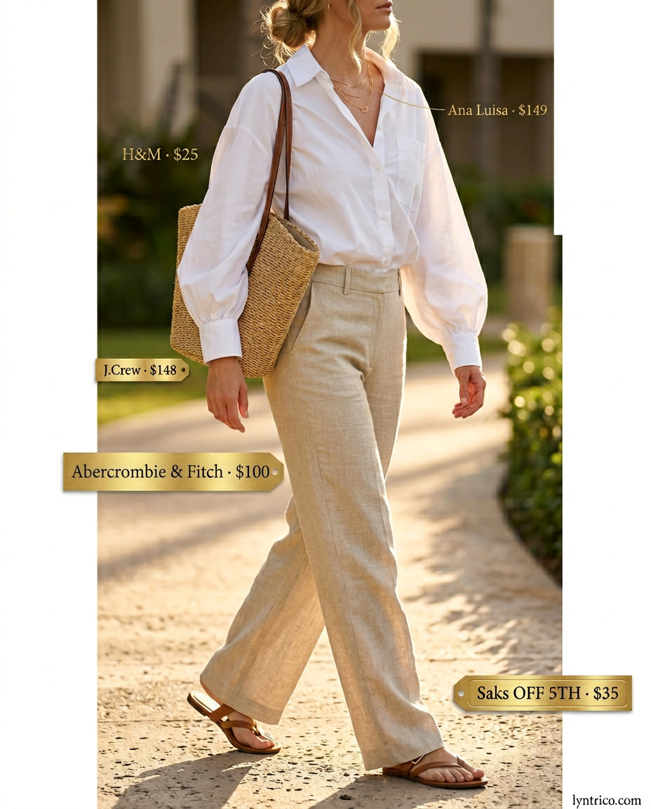 Hamptons summer old money outfit women 2026: Linen pants, white oversized shirt, straw tote, gold necklaces.