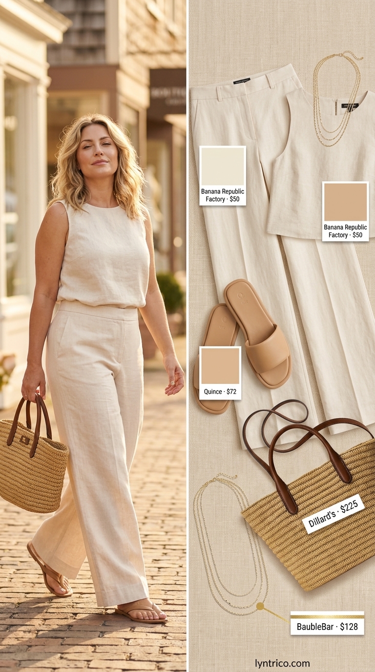 Hamptons summer old money outfit women 2026: Cream linen set, slides, straw bag & gold necklaces.