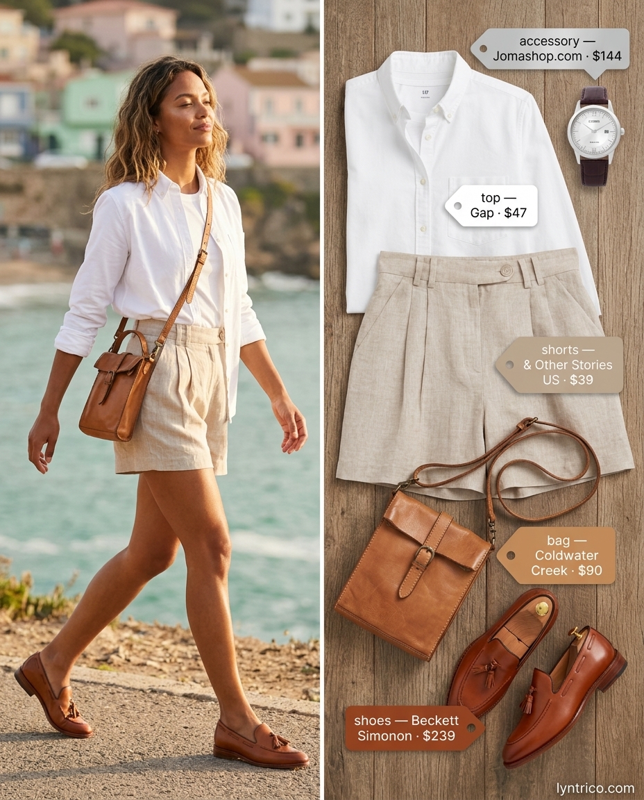 Hamptons summer old money outfit women 2026: Beige linen shorts, blue stripe oxford shirt, tan loafers, crossbody bag.