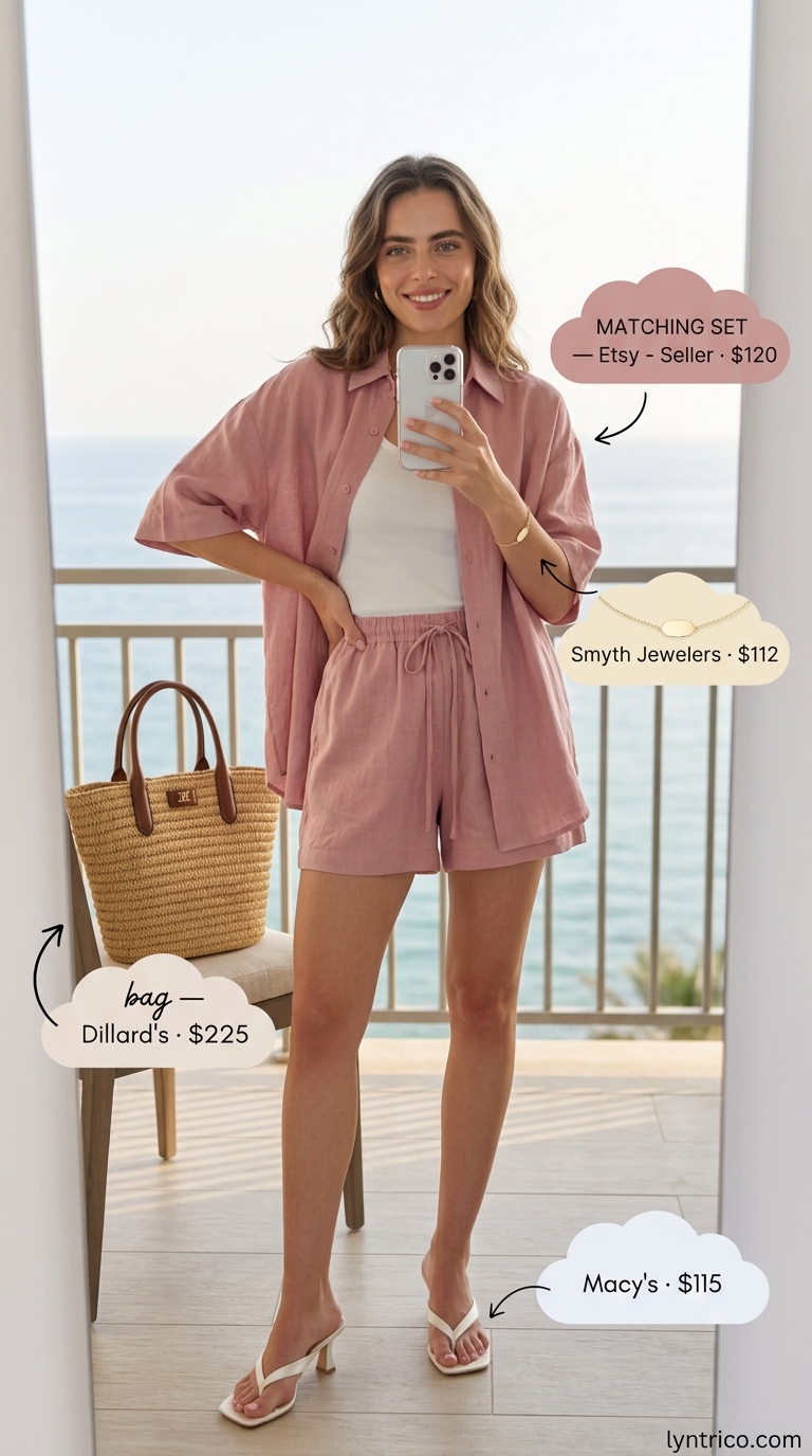 Hamptons summer old money outfit women 2026: Pink linen shorts set, white sandals, straw tote, gold bracelet.