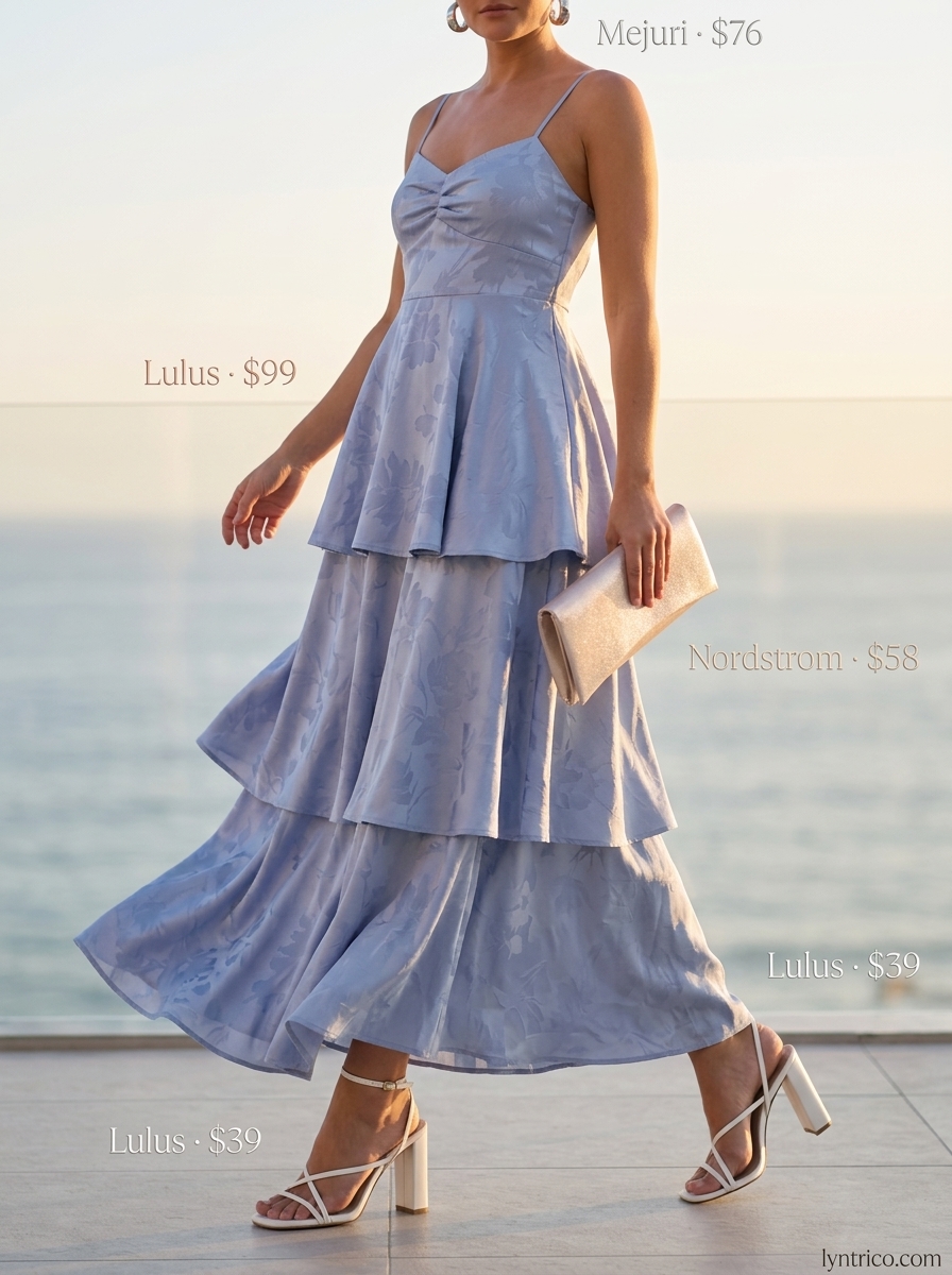 Hamptons summer old money outfit women 2026: Sky blue maxi dress, heeled sandals & silver earrings.