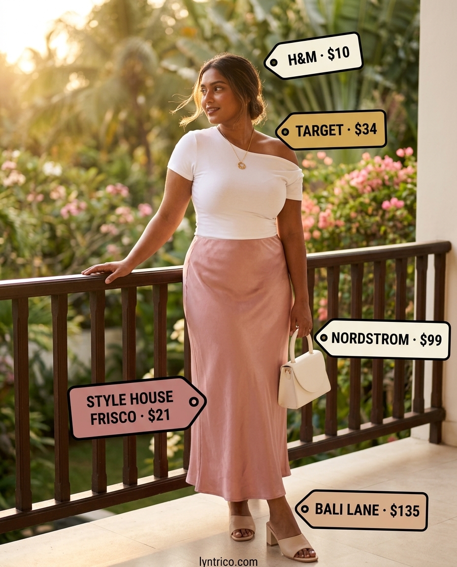 Hamptons summer old money outfit women 2026: Blush midi skirt, white tee, mules & top-handle bag.