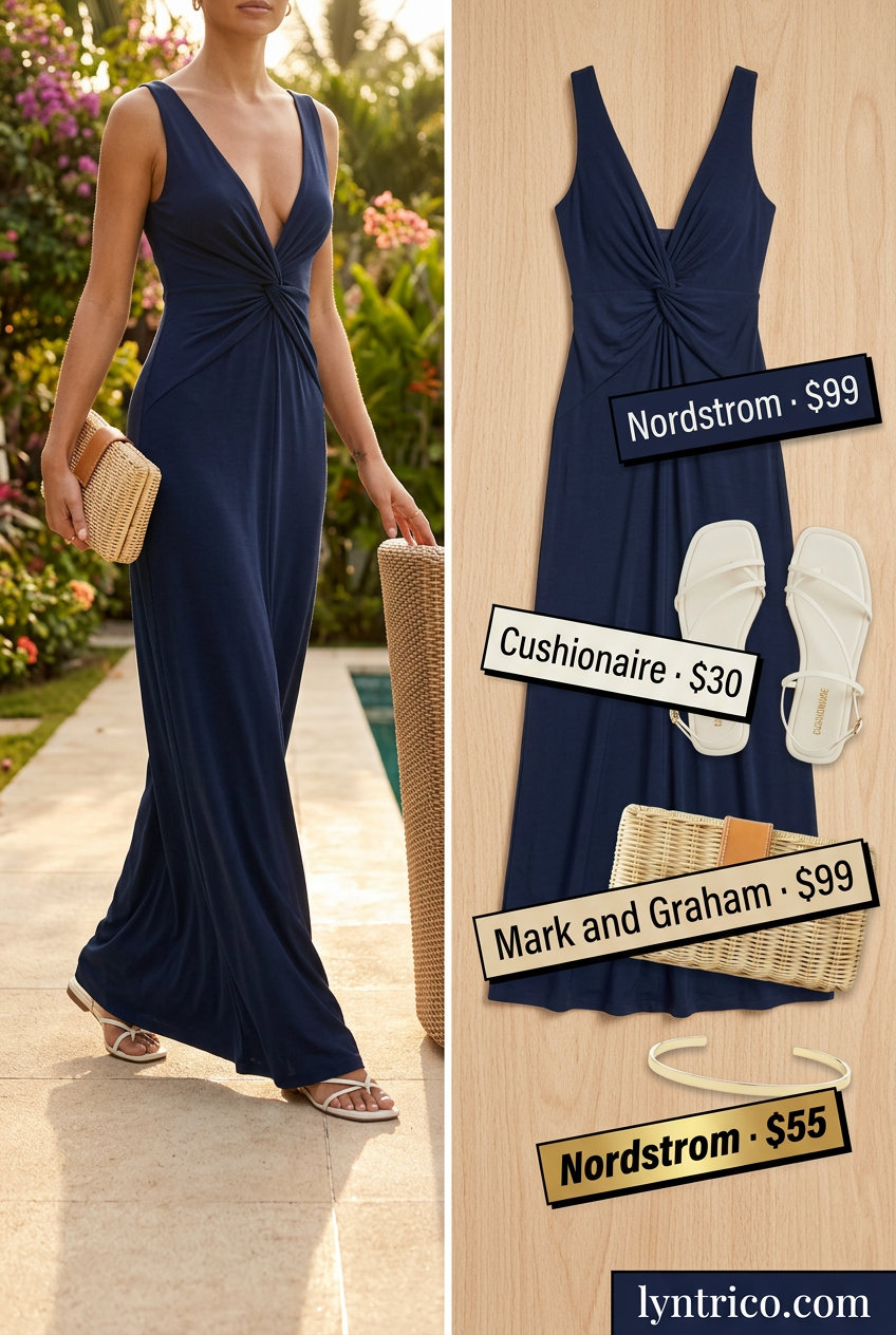 Hamptons summer old money outfit 2026: Navy maxi dress, white sandals, gold bracelet for beachside dinners.