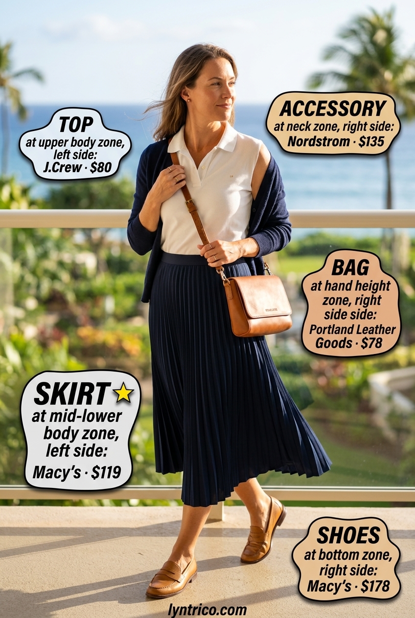 Hamptons summer old money outfit 2026: Navy pleated skirt, white polo, tan loafers for preppy look.