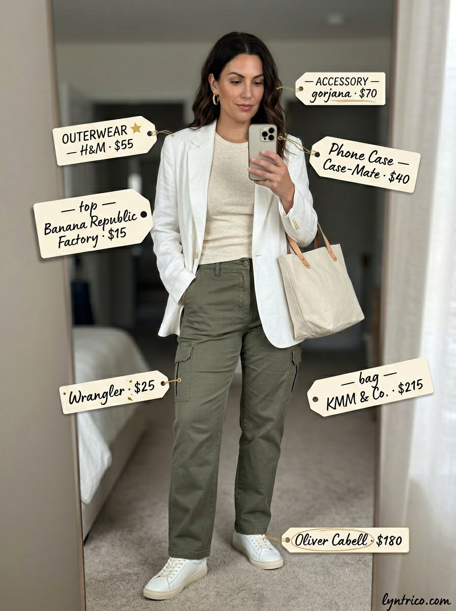 Hamptons summer old money outfit 2026: Olive cargo pants, cream tank, oversized blazer for casual outing.