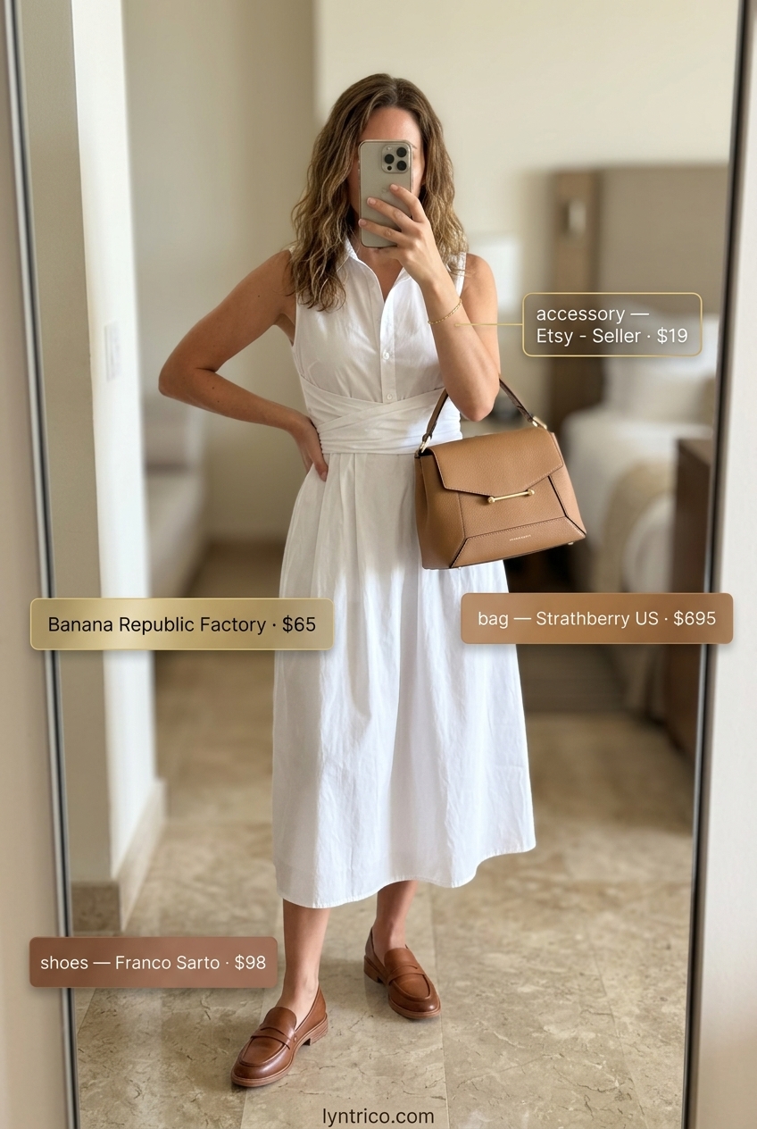 Hamptons summer old money outfit women 2026: White shirt dress, camel loafers, structured satchel, gold bracelet.
