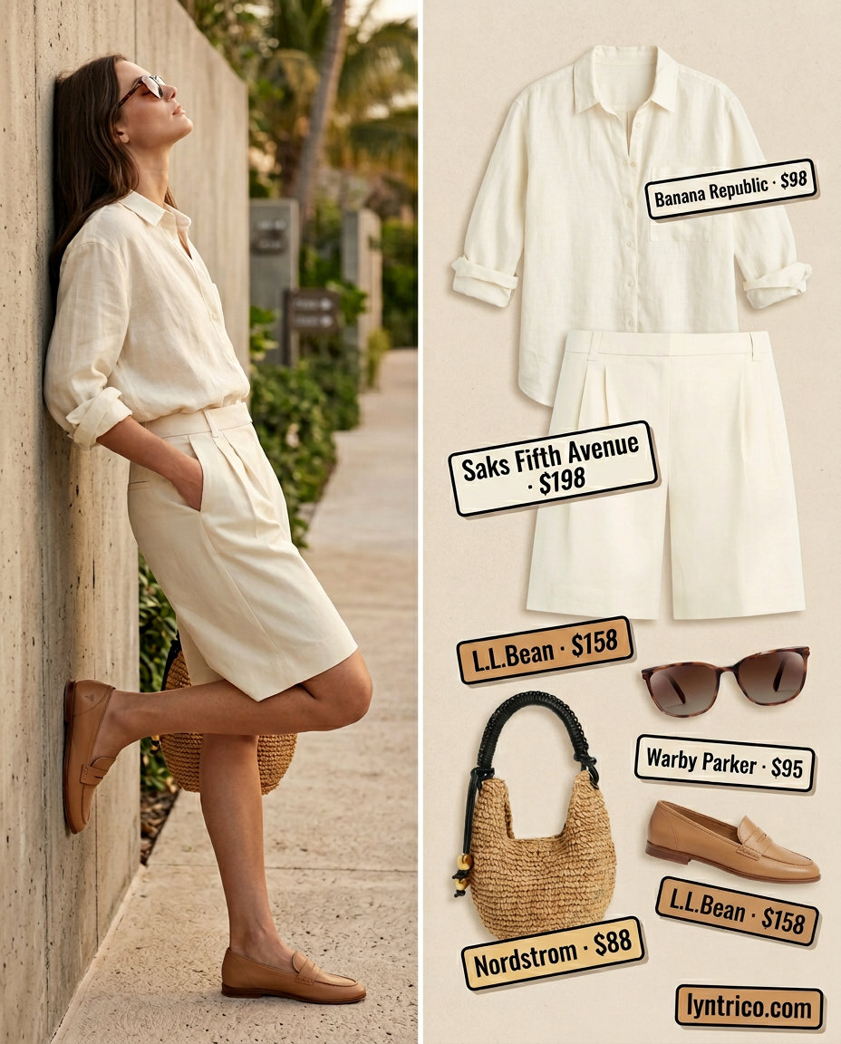 Hamptons summer old money outfit women 2026: Cream linen shorts, oversized shirt, loafers & straw bag.