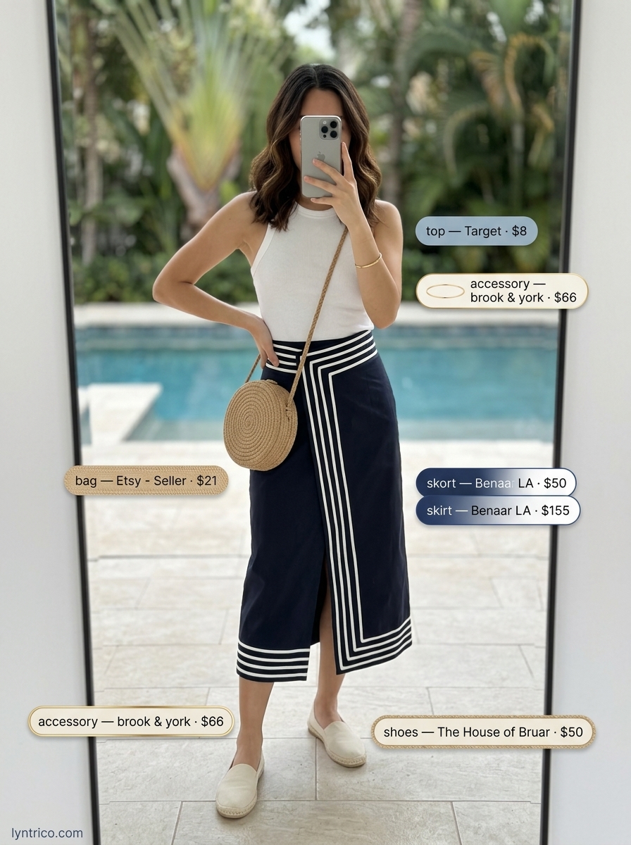 Hamptons summer old money outfit women 2026: Navy & white striped midi skirt, white tank, straw bag.