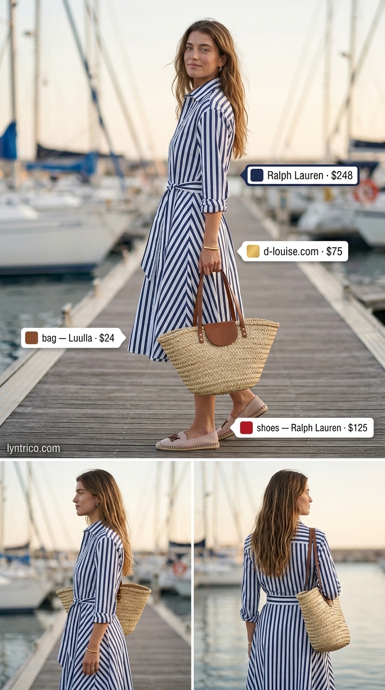 Hamptons summer old money outfit 2026: Navy & white striped shirt dress, tan espadrilles for casual day.