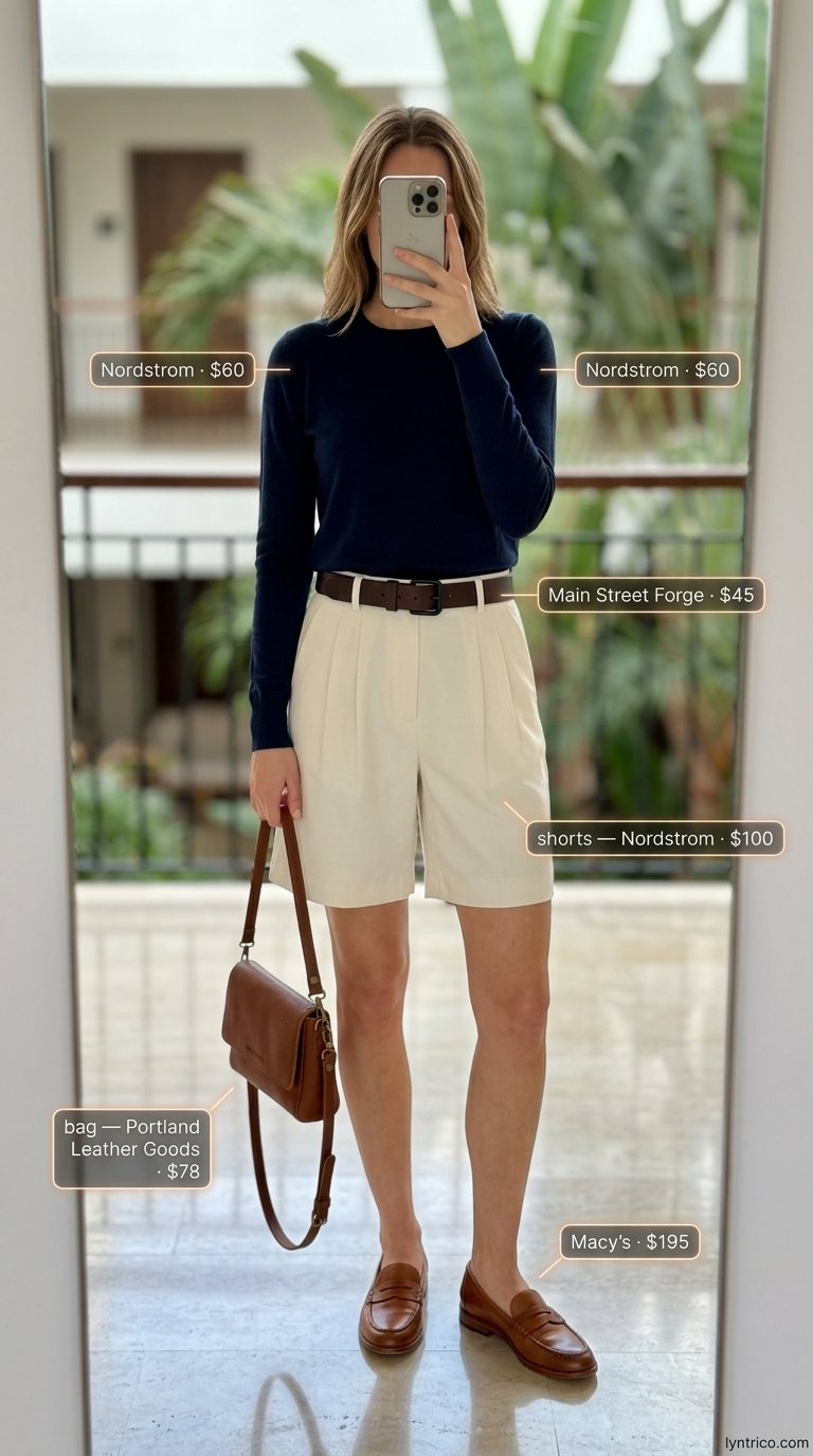 Hamptons summer old money outfit women 2026: Cream tailored shorts, navy knit sweater, tan loafers, leather belt.