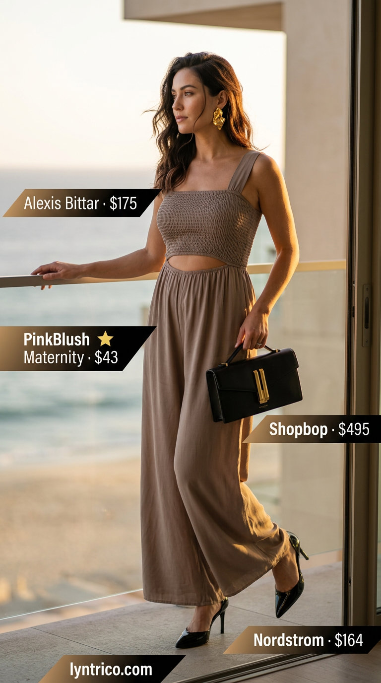 Hamptons summer old money outfit 2026: Taupe wide-leg jumpsuit, gold earrings, black heels for evening events.