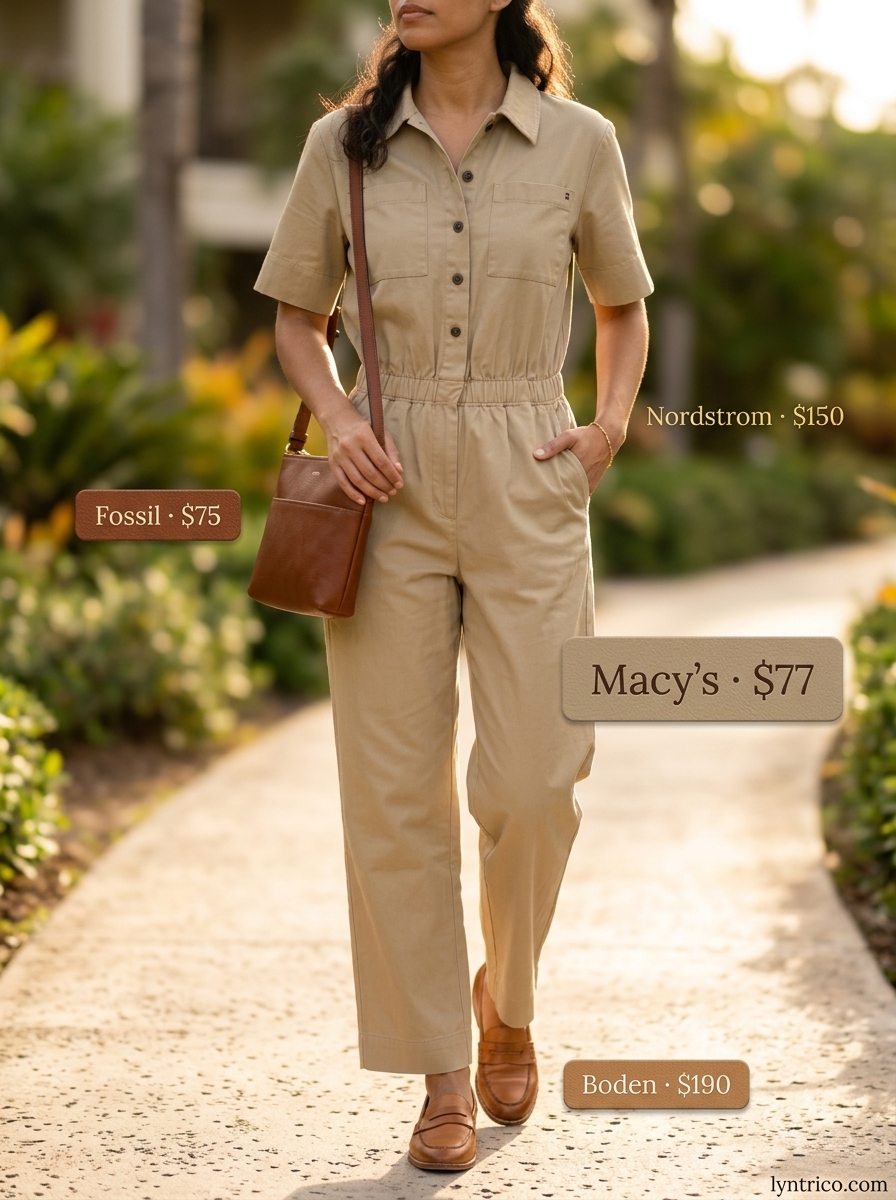 Hamptons summer old money outfit women 2026: Khaki utility jumpsuit, loafers, crossbody bag & gold bracelet.