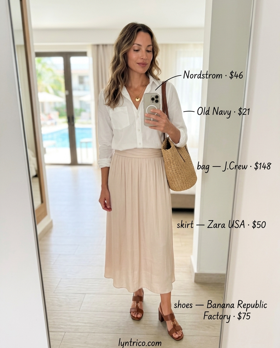 Hamptons summer old money outfit 2026: White button-down, beige midi skirt, gold necklace for brunch.