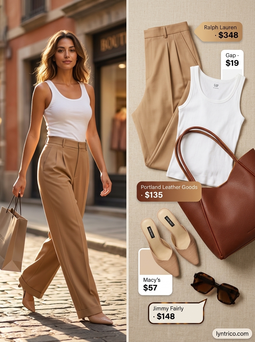 Hamptons summer old money outfit women 2026: Camel wide-leg trousers, white tank, leather mules & tote.