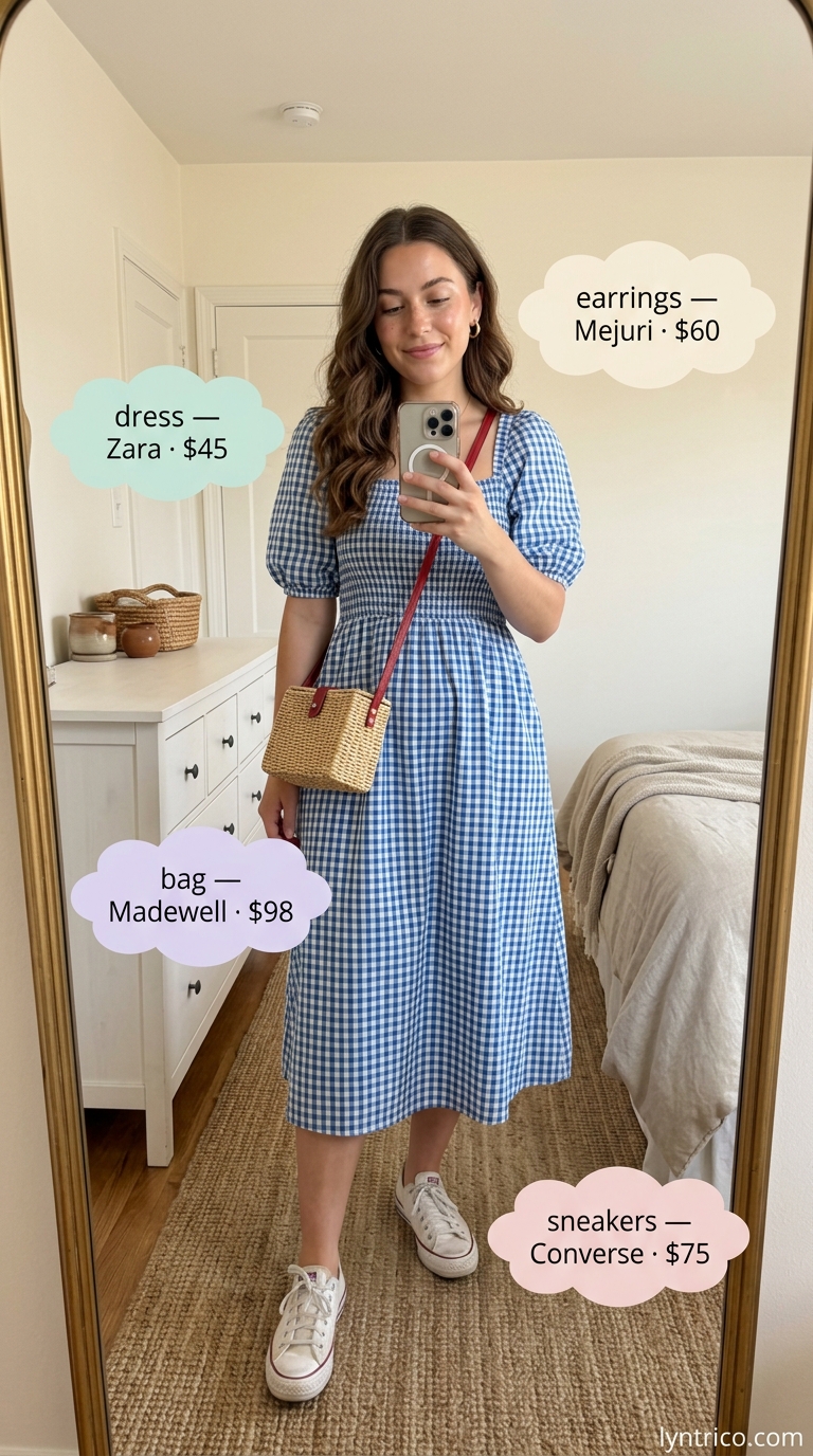 Lakeside Picnic Summer Dress 2026 Sweet lakeside outfit inspo summer for women 2026: Blue gingham dress, white sneakers, straw basket bag, bandana.