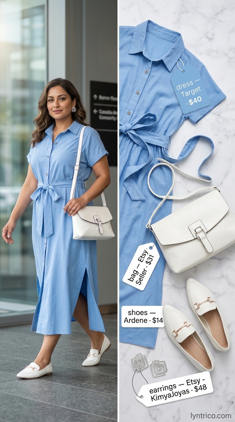 Azure Horizon Office Chic 2026 Sky blue midi shirt dress, white loafers. Light summer work outfits for women 2026.