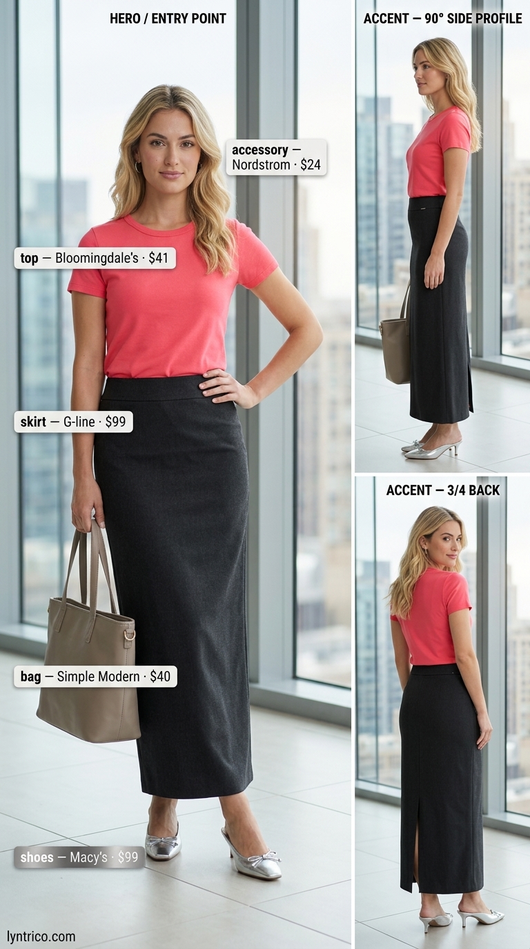 Blush & Charcoal Authority 2026 Blush pink top, charcoal skirt, silver mules. Light summer work outfits for women 2026.