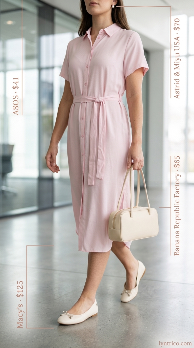 Blush Pink Shirt Dress Summer 2026 Blush pink tencel midi shirt dress for light summer work outfits for women 2026, styled with cream ballet flats and rose gold earrings.