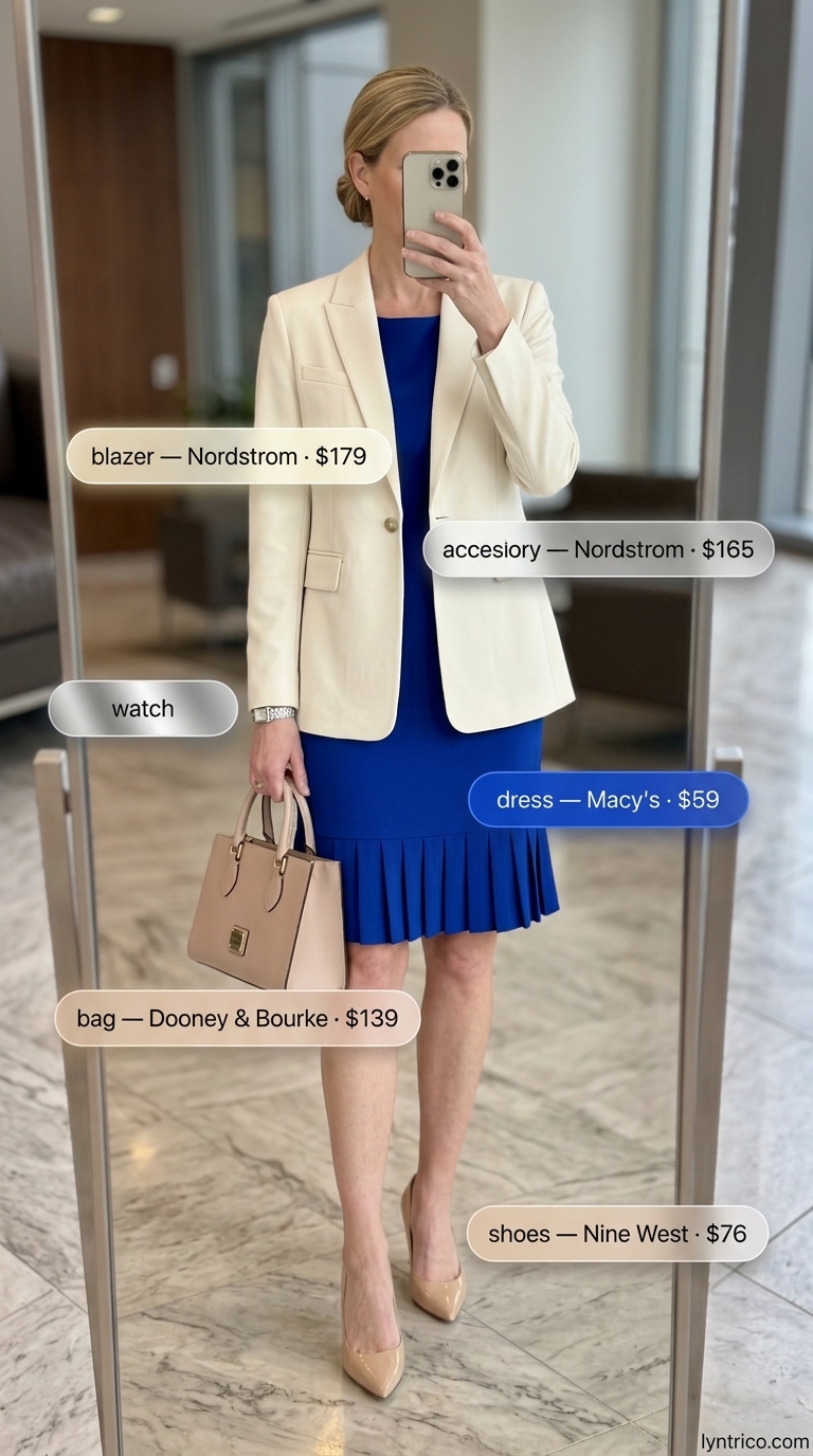 Cobalt Confidence Sheath 2026 Cobalt blue sheath dress, nude blazer, nude pumps. Light summer work outfits for women 2026.