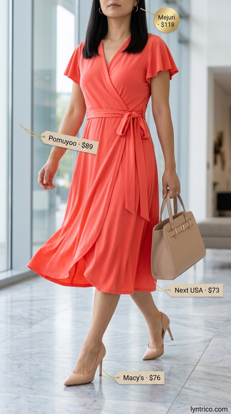 Vibrant coral midi wrap dress outfit for light summer work outfits for women 2026, paired with nude pumps and gold accessories.