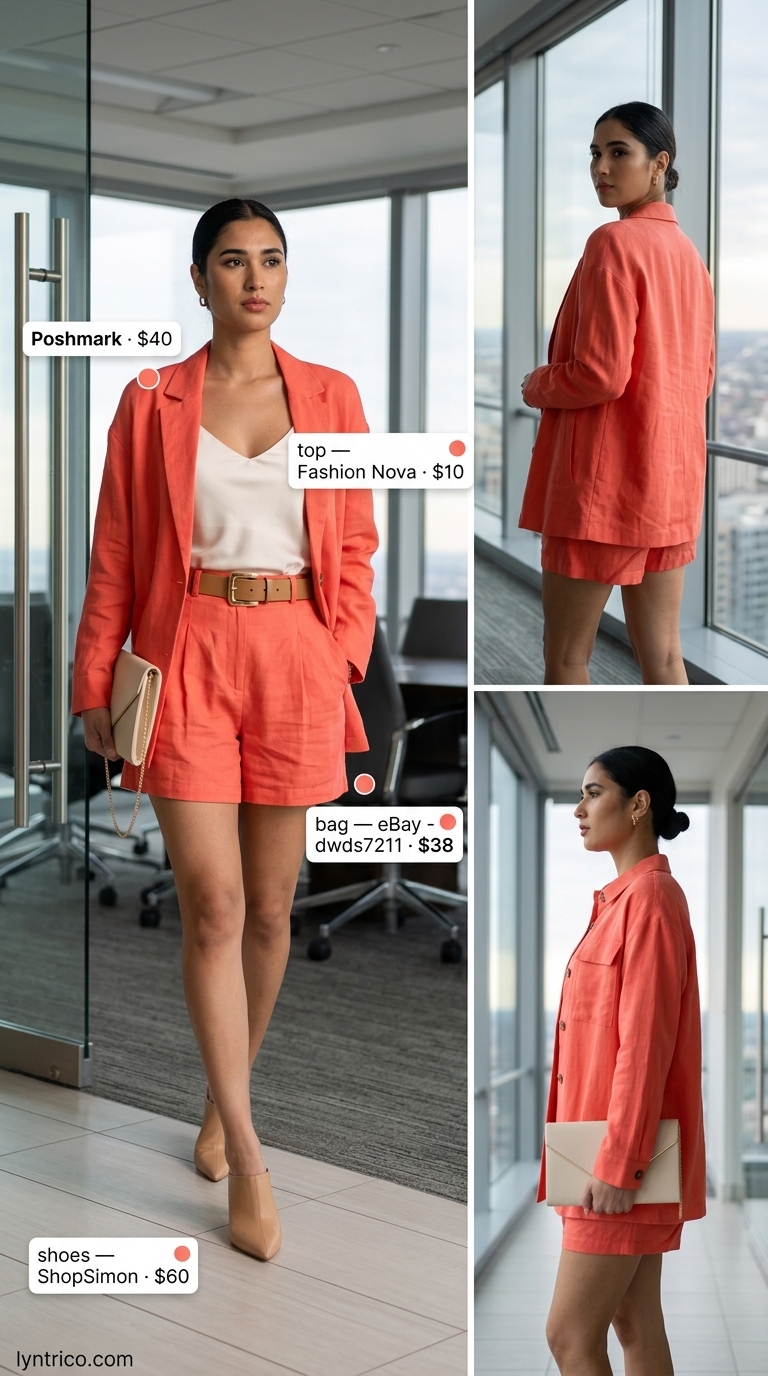 Light Summer Work Outfits for Women 2026: Coral Set Light summer work outfits for women 2026: Coral blazer and shorts set with off-white camisole and tan mules.