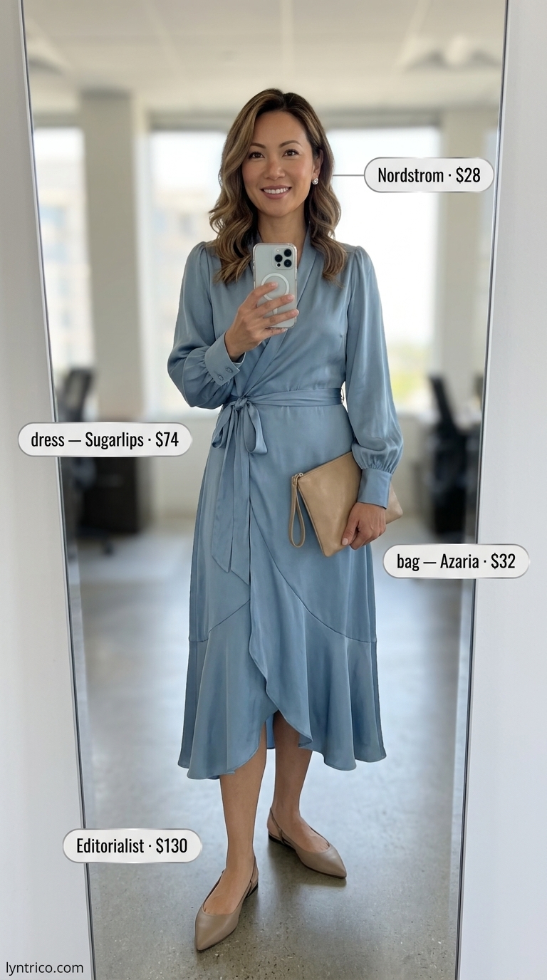 Dusty Blue Executive Flow 2026 Dusty blue wrap dress, beige slingbacks, minimalist clutch. Light summer work outfits for women 2026.