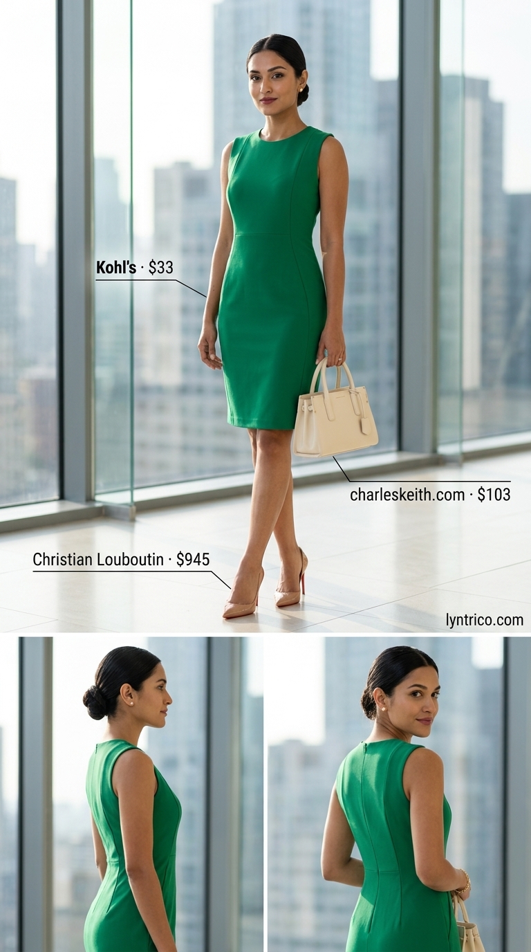 Light Summer Work Outfits for Women 2026: Emerald Dress Light summer work outfits for women 2026: Emerald green sheath dress with nude pumps and beige structured bag.