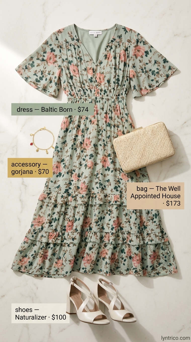 Light Summer Work Outfits for Women 2026: Floral Dress Light summer work outfits for women 2026: Floral midi wrap dress with cream block heels and straw clutch.