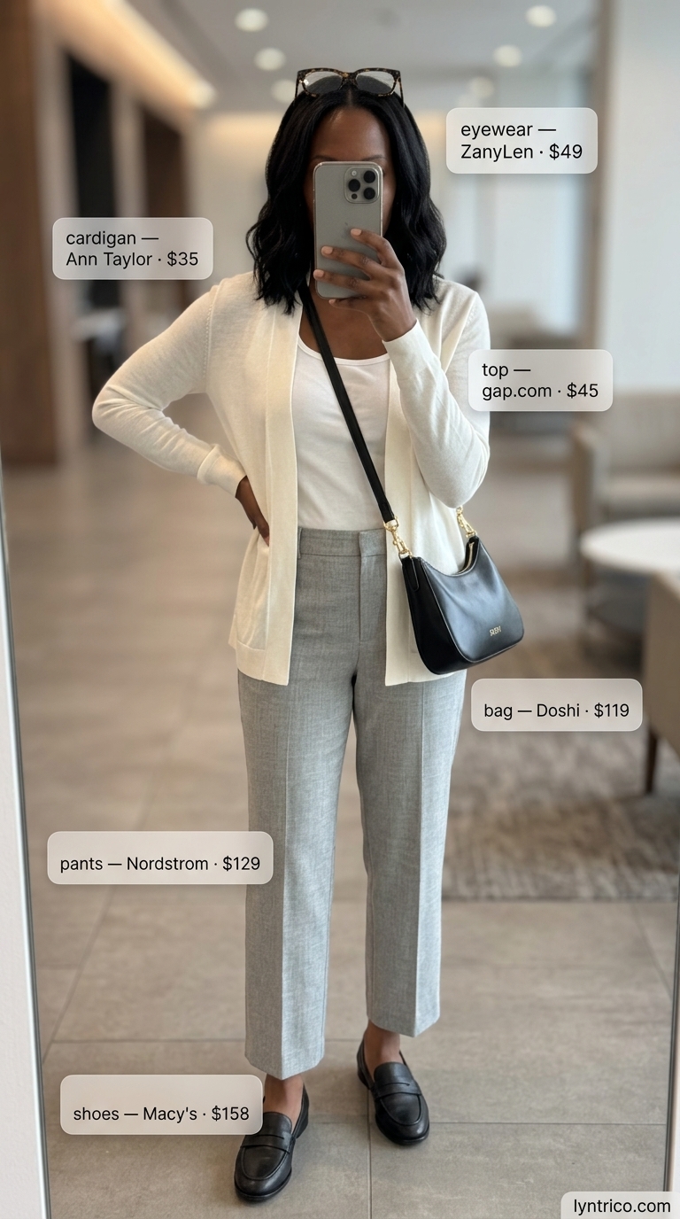 Grey Trousers & White Tee Summer 2026 Light grey cropped trousers and white tee for light summer work outfits for women 2026, with black loafers and cardigan.