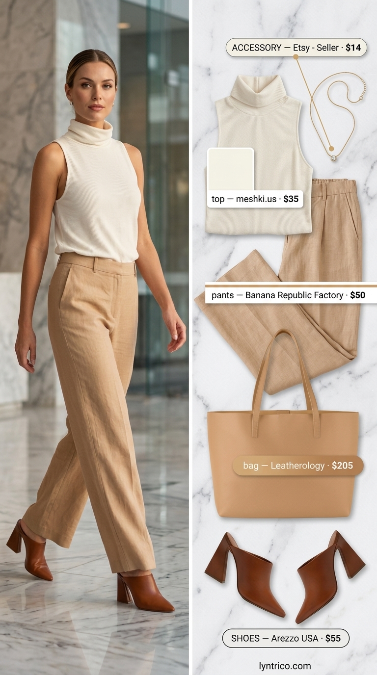Ivory Tower Power Look 2026 Soft ivory wide-leg trousers, cream sleeveless top, camel mules. Light summer work outfits for women 2026.