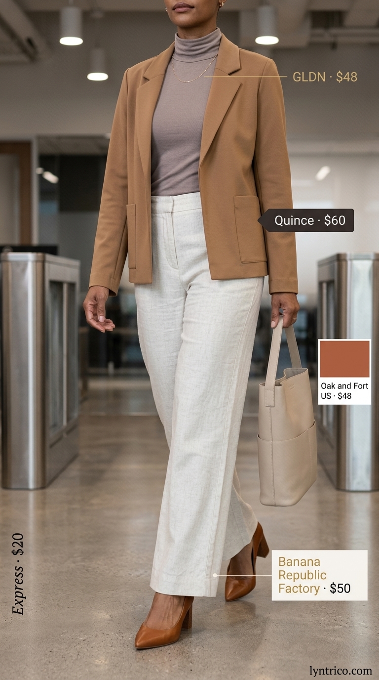 Light Summer Work Outfits for Women 2026: Ivory Trousers Light summer work outfits for women 2026: Ivory wide-leg trousers, camel knit top, and taupe blazer.